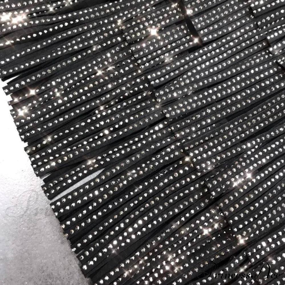 Rhinestones Tassel  High Waist Belt Skirt