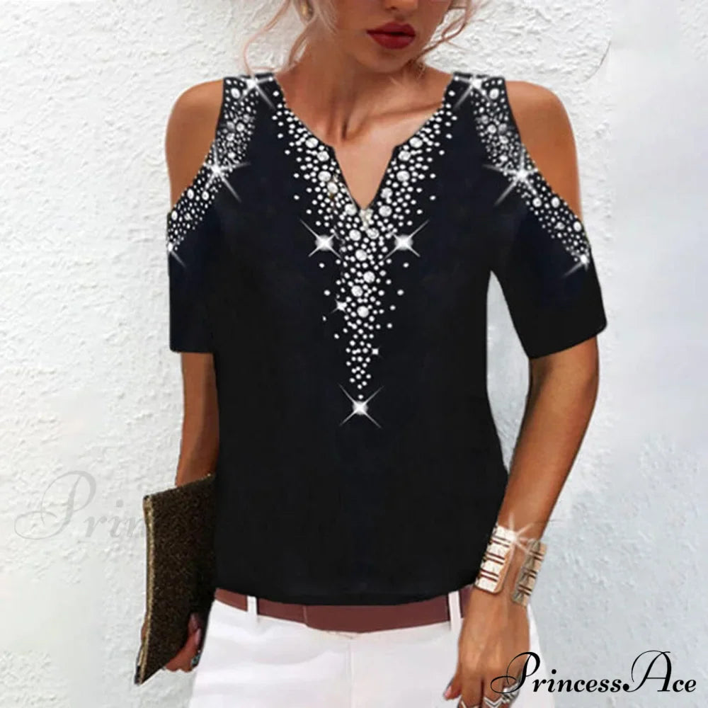 Sequined Short Sleeve Cold Shoulder V Neck Printed Club Party Shirt