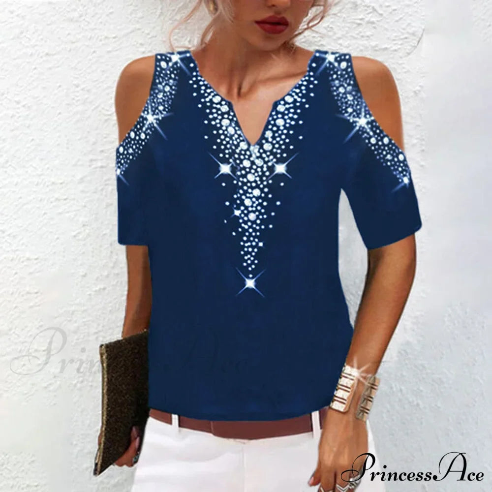 Sequined Short Sleeve Cold Shoulder V Neck Printed Club Party Shirt