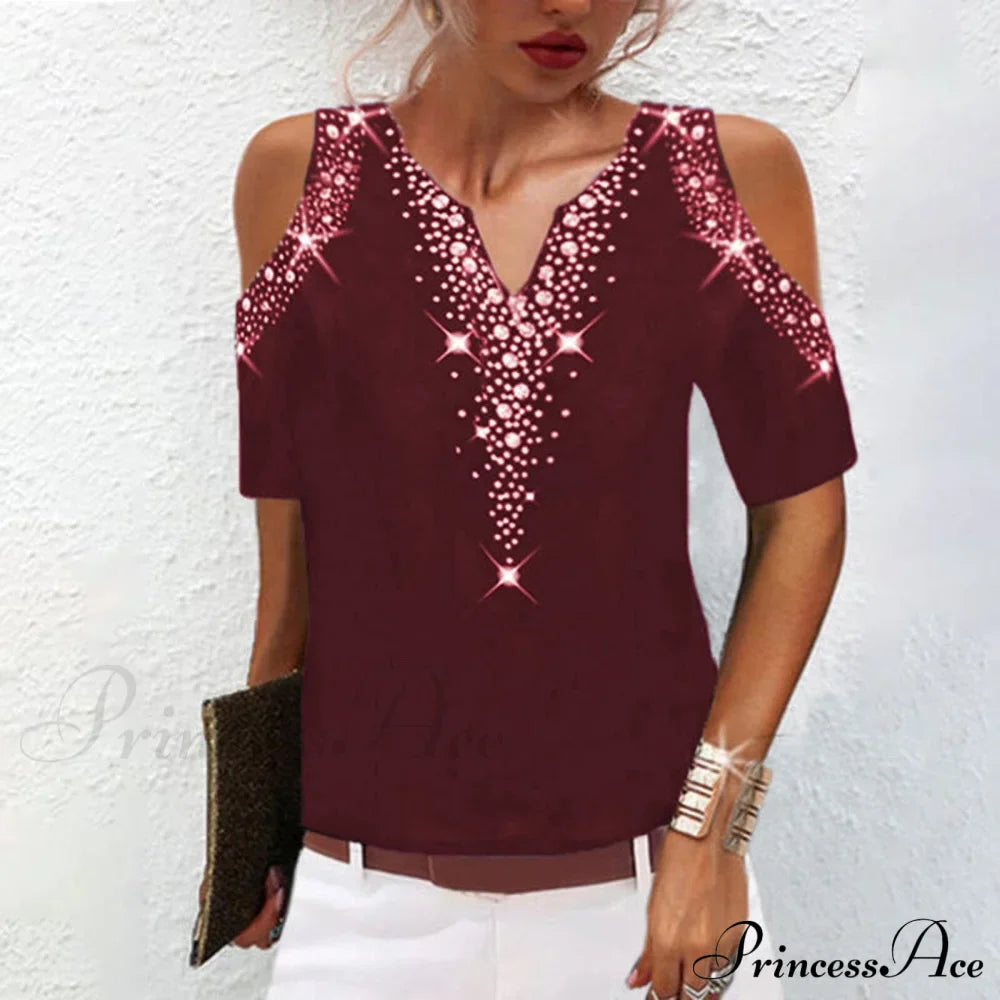 Sequined Short Sleeve Cold Shoulder V Neck Printed Club Party Shirt
