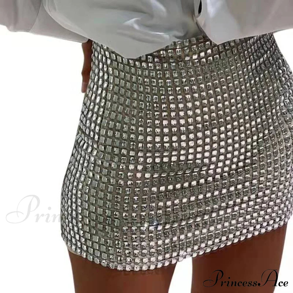 Shiny Sequins Chic Bodycon Solid Color Mini Skirt