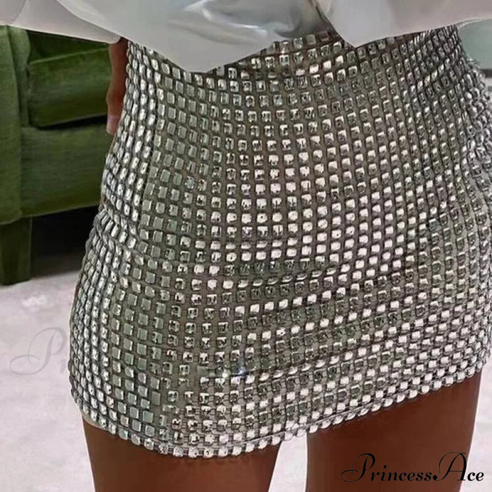 Shiny Sequins Chic Bodycon Solid Color Mini Skirt