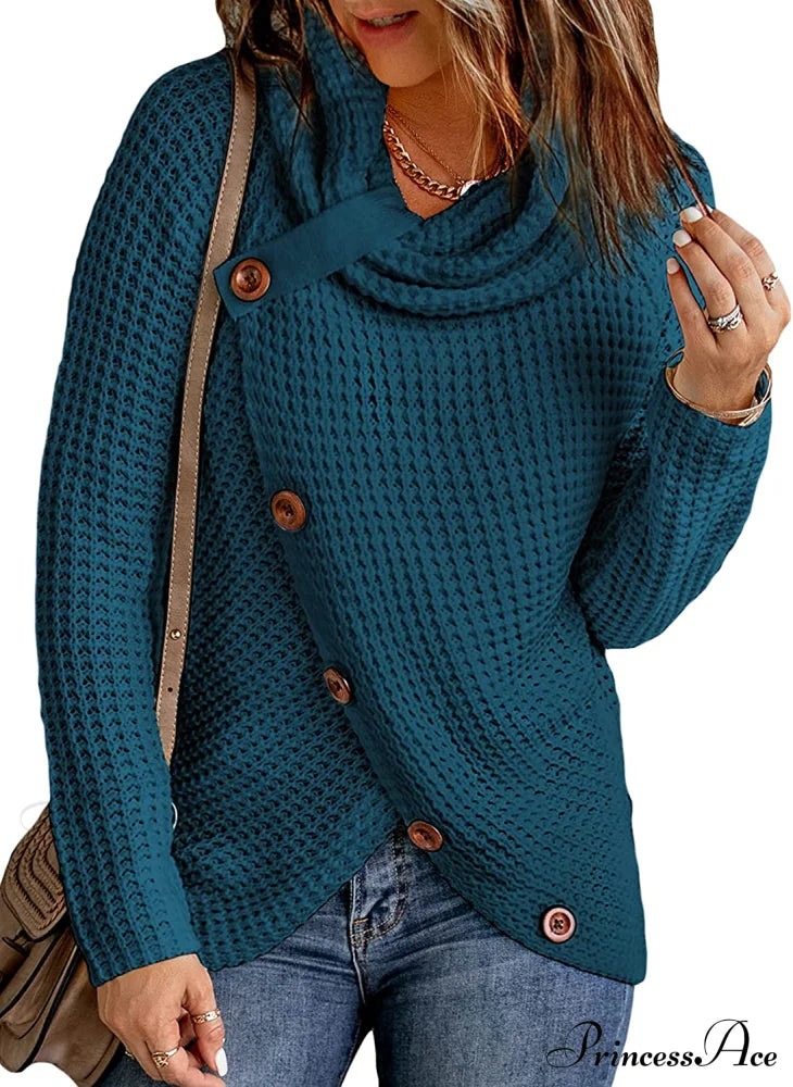 Womens Button Cowl Neck Long Sleeve Asymmetric Wrap Sweater
