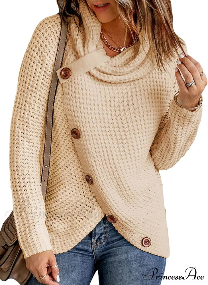 Womens Button Cowl Neck Long Sleeve Asymmetric Wrap Sweater
