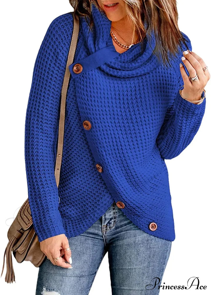 Womens Button Cowl Neck Long Sleeve Asymmetric Wrap Sweater