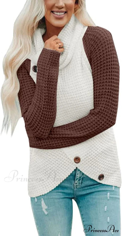 Womens Button Cowl Neck Long Sleeve Asymmetric Wrap Sweater