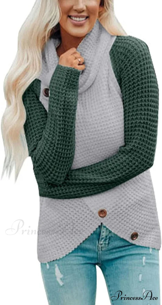 Womens Button Cowl Neck Long Sleeve Asymmetric Wrap Sweater