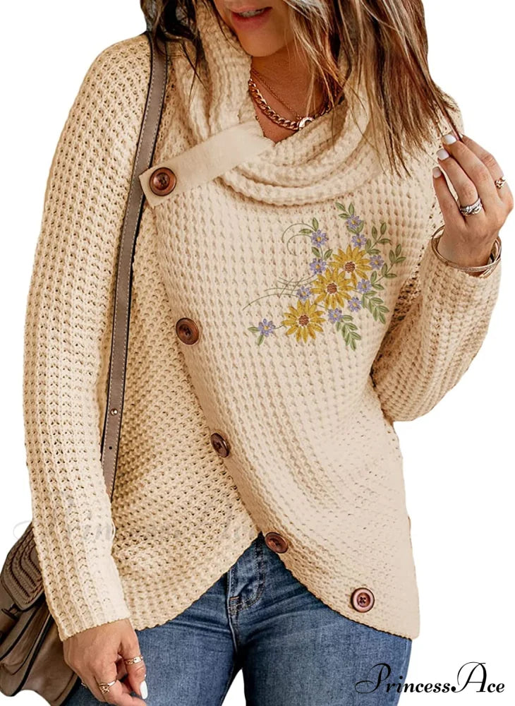 Womens Button Cowl Neck Long Sleeve Asymmetric Wrap Sweater