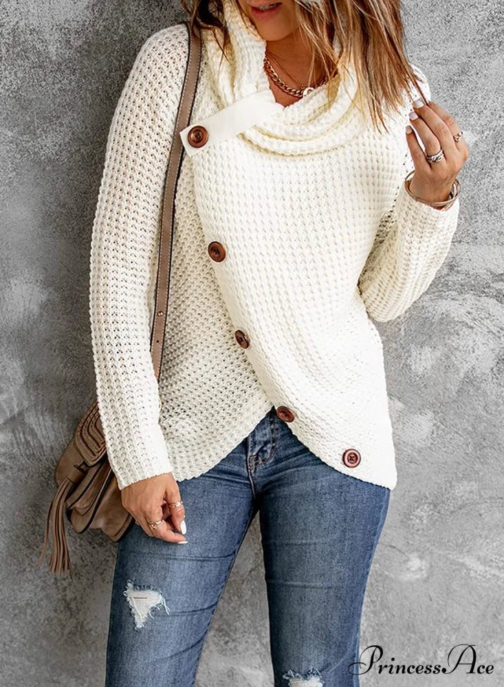 Womens Button Cowl Neck Long Sleeve Asymmetric Wrap Sweater