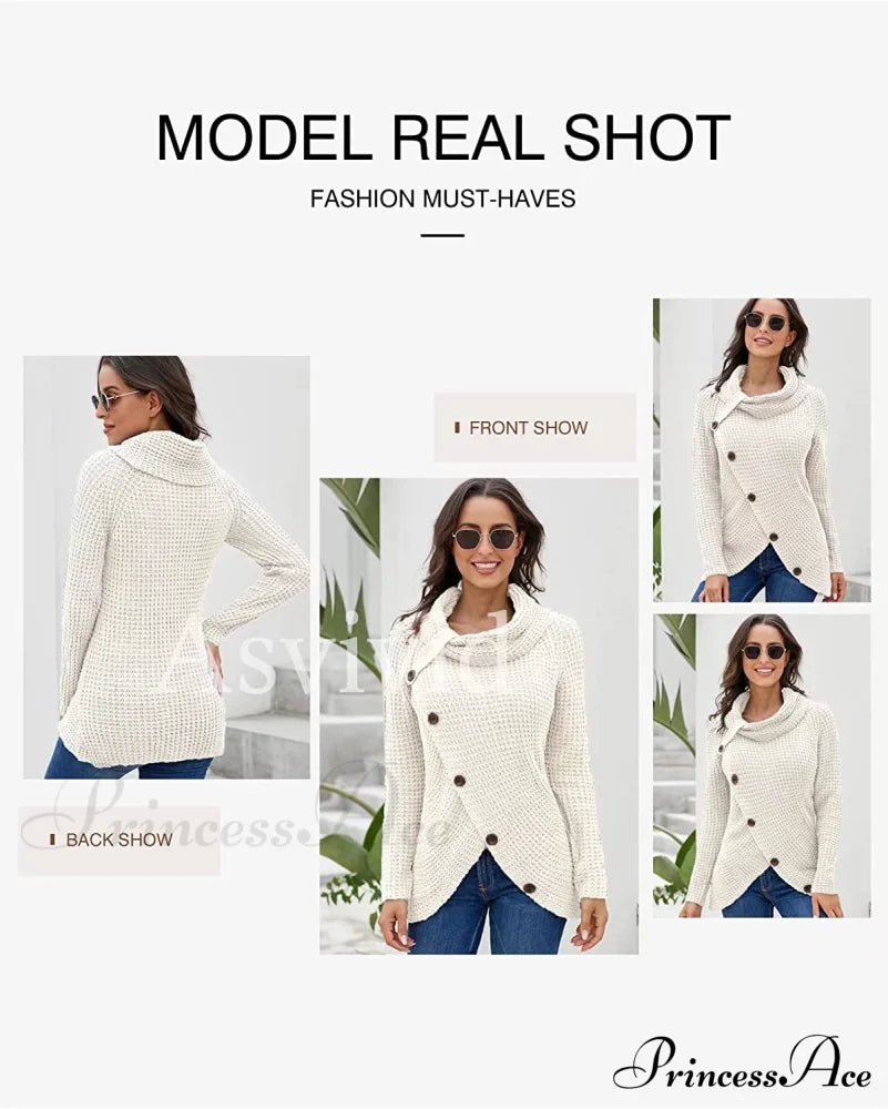 Womens Button Cowl Neck Long Sleeve Asymmetric Wrap Sweater