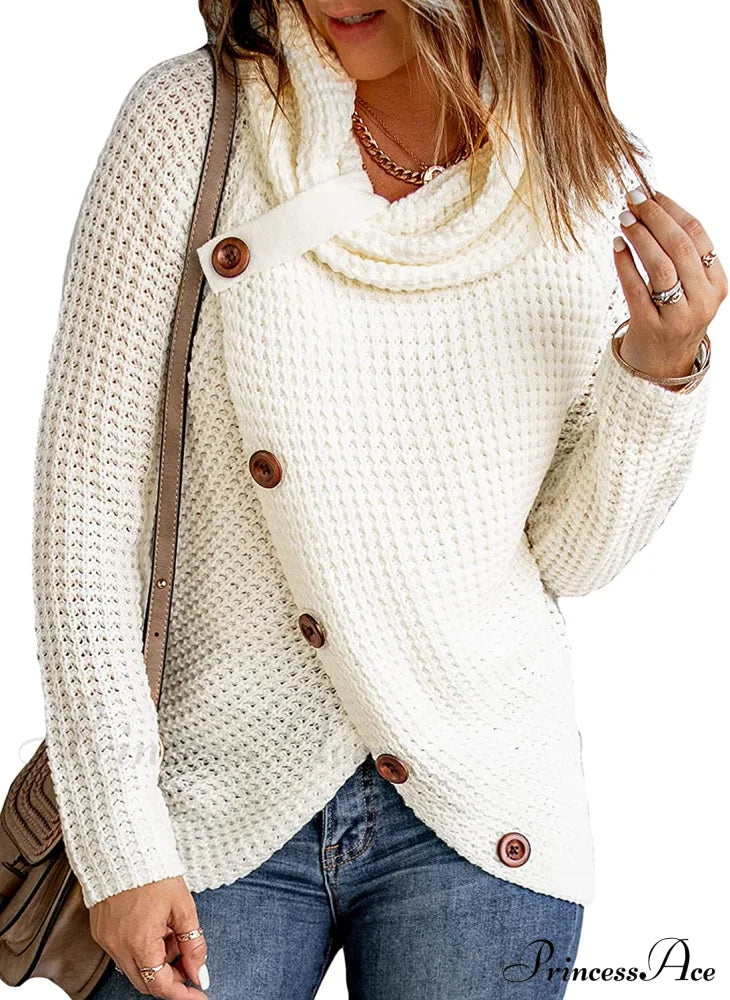 Womens Button Cowl Neck Long Sleeve Asymmetric Wrap Sweater