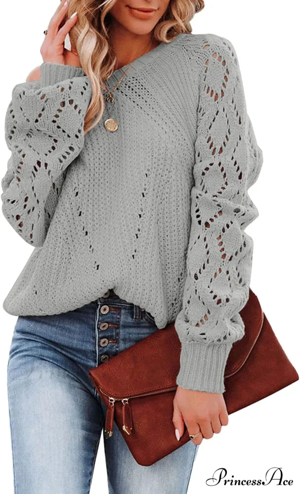 Women's Casual Long Sleeve Crewneck Crochet Sweater