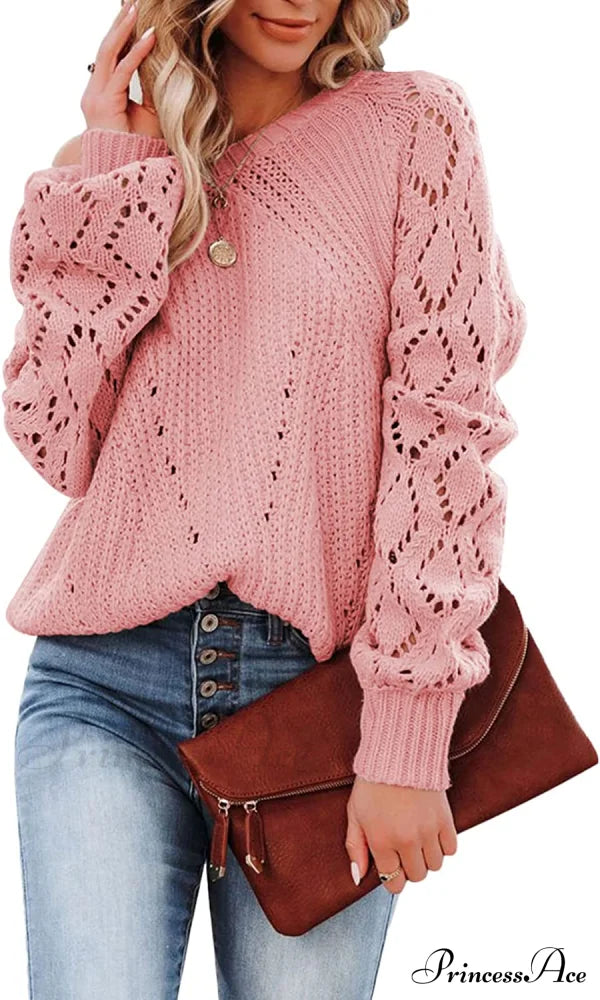Women's Casual Long Sleeve Crewneck Crochet Sweater
