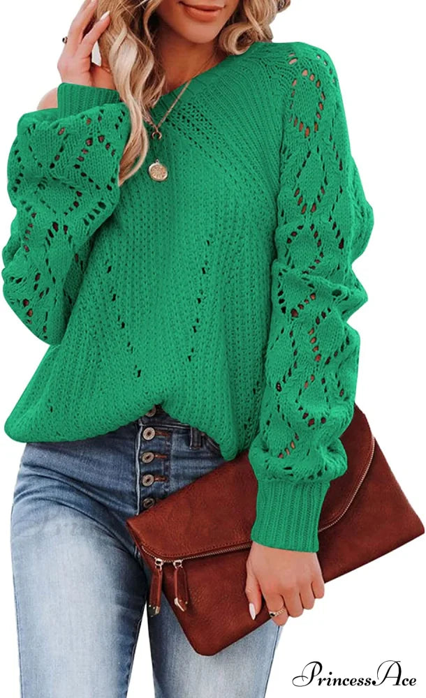 Women's Casual Long Sleeve Crewneck Crochet Sweater