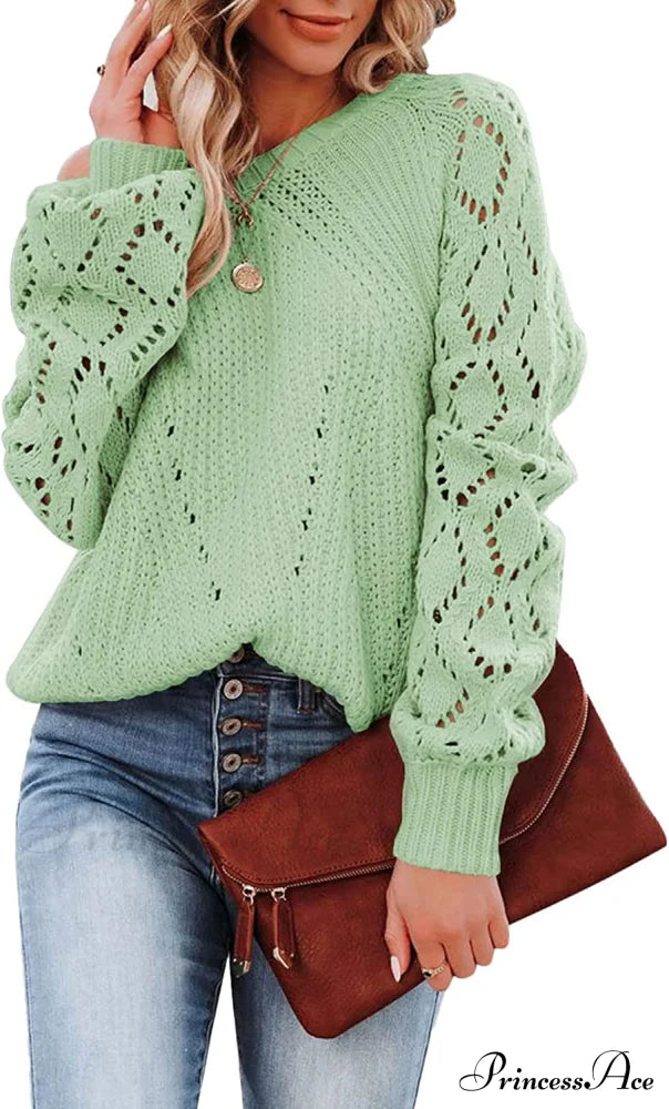 Women's Casual Long Sleeve Crewneck Crochet Sweater