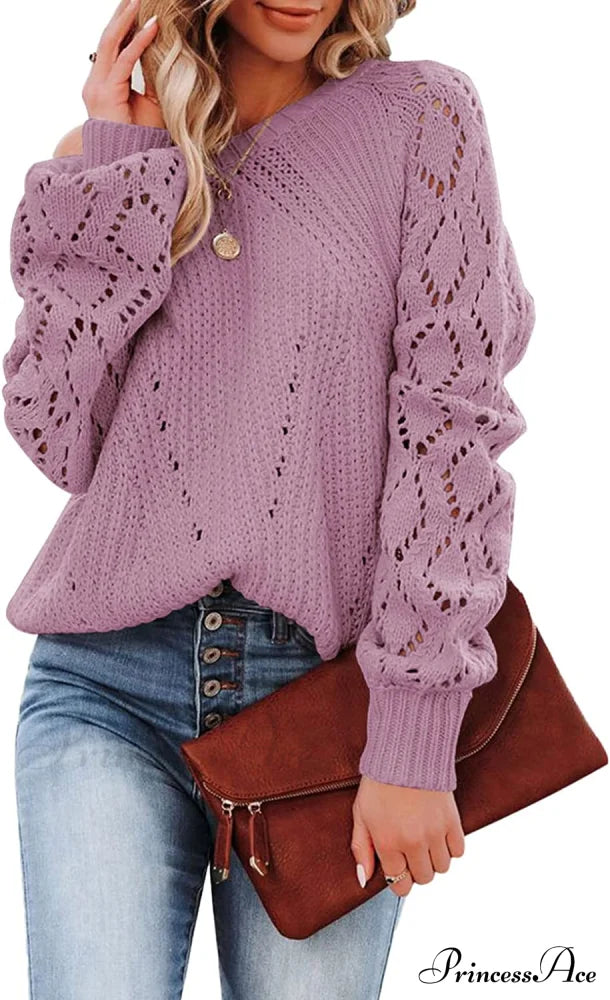Women's Casual Long Sleeve Crewneck Crochet Sweater