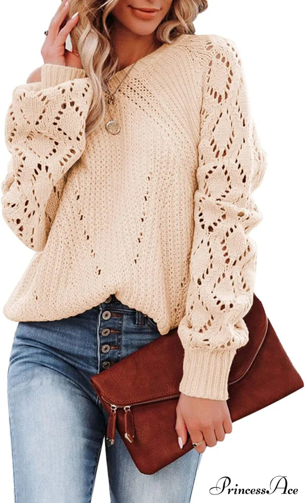 Women's Casual Long Sleeve Crewneck Crochet Sweater
