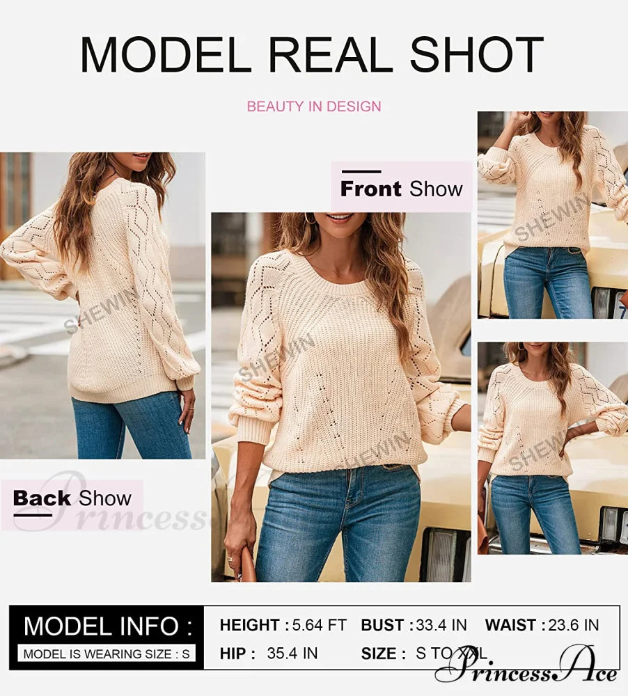 Women's Casual Long Sleeve Crewneck Crochet Sweater