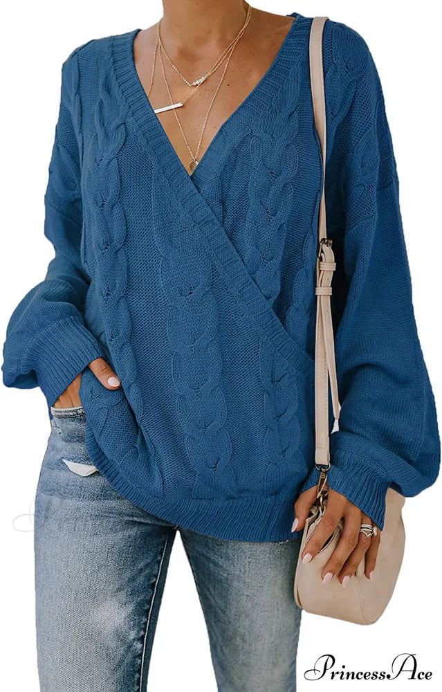 Women's Casual Long Sleeve Deep V Neck Wrap Pullover Sweater