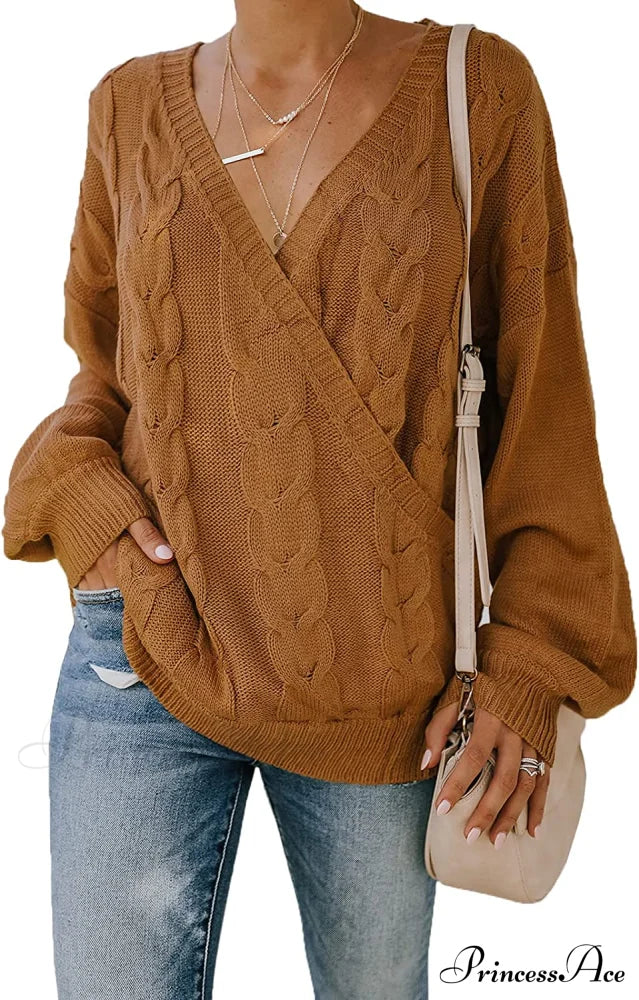 Women's Casual Long Sleeve Deep V Neck Wrap Pullover Sweater
