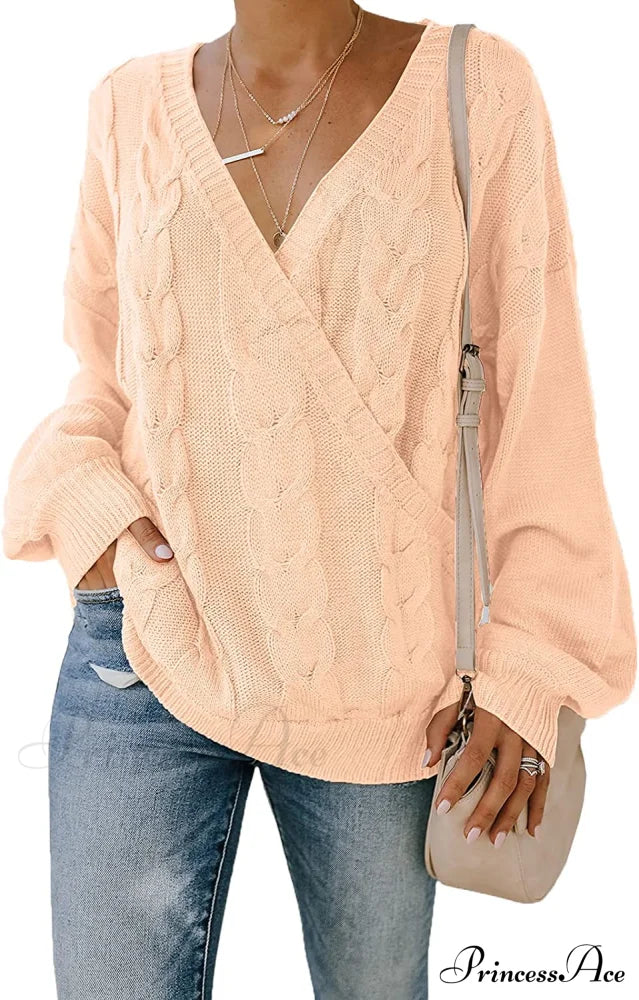 Women's Casual Long Sleeve Deep V Neck Wrap Pullover Sweater