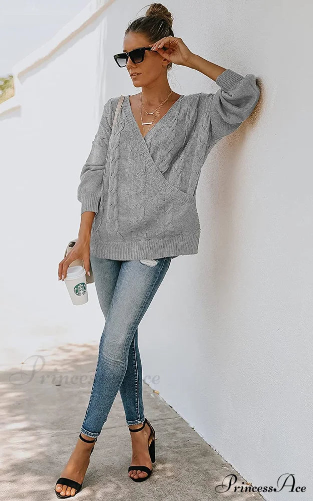 Women's Casual Long Sleeve Deep V Neck Wrap Pullover Sweater