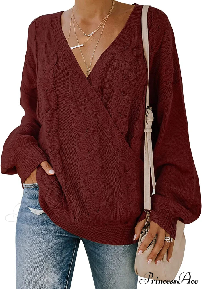 Women's Casual Long Sleeve Deep V Neck Wrap Pullover Sweater