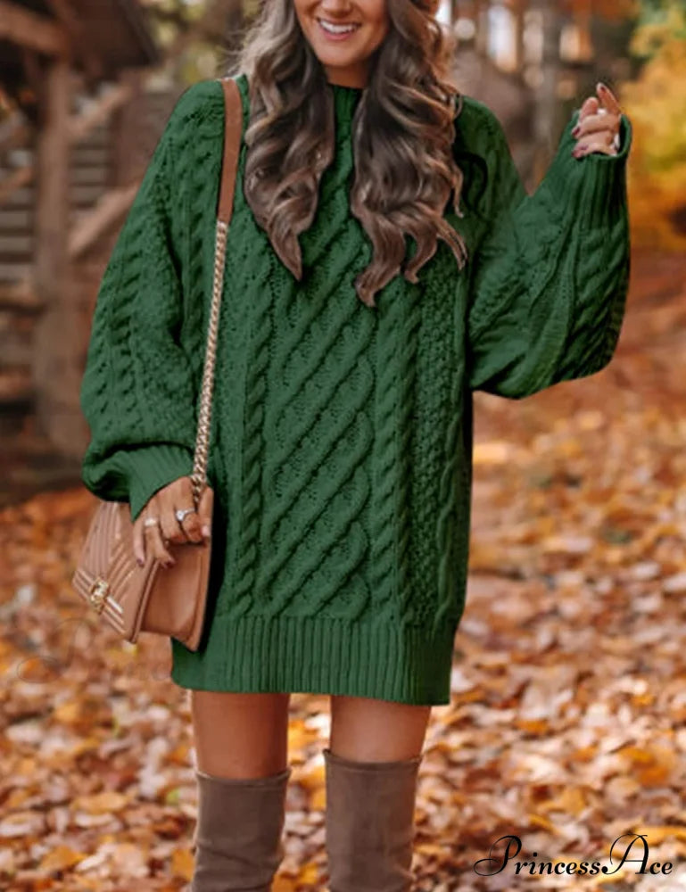 Women's Crewneck Long Sleeve Cable Knit Sweater Dress