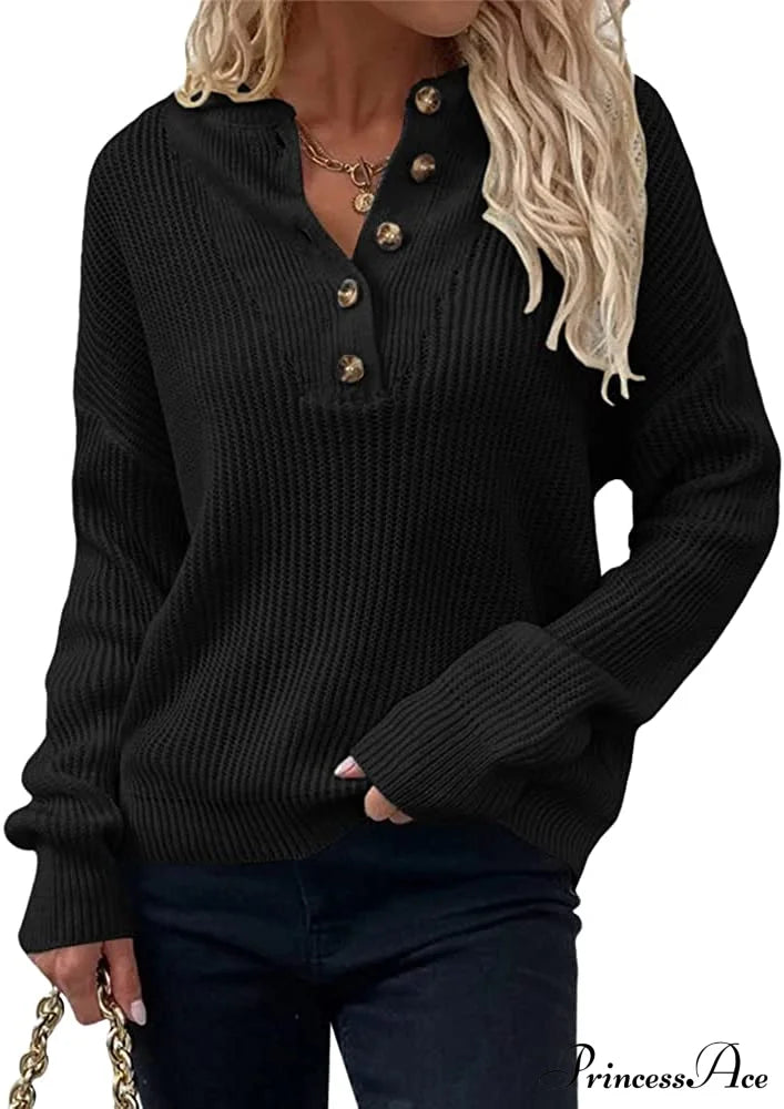 Women's  Loose Button V Neck Long Sleeve Sweater