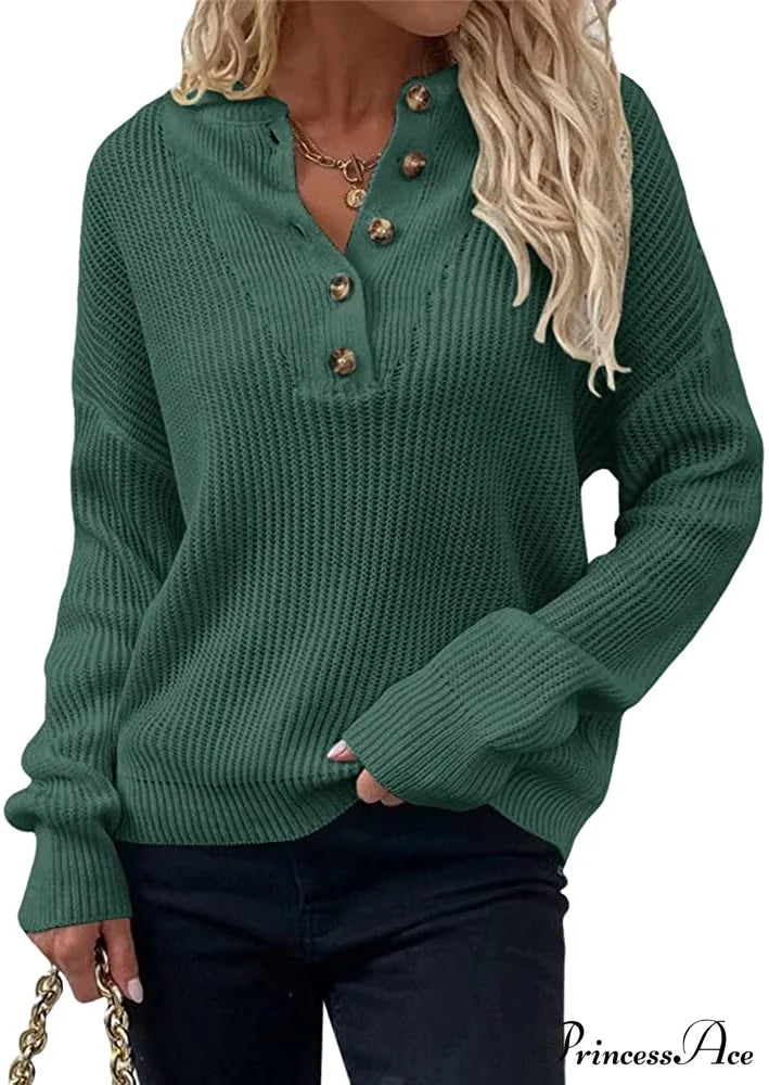 Women's  Loose Button V Neck Long Sleeve Sweater