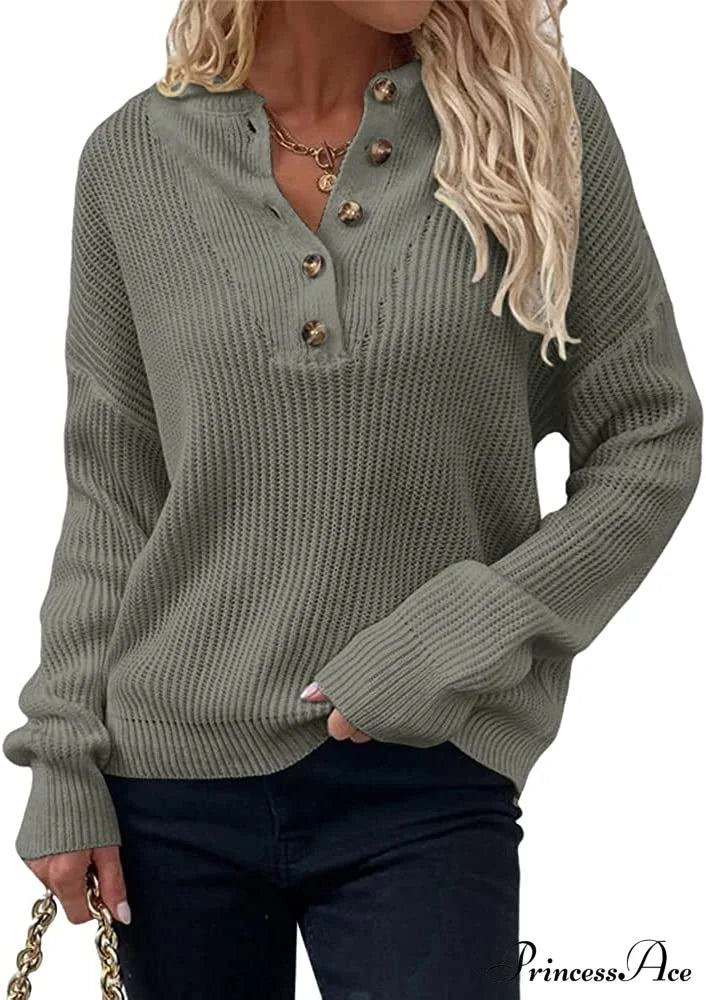 Women's  Loose Button V Neck Long Sleeve Sweater