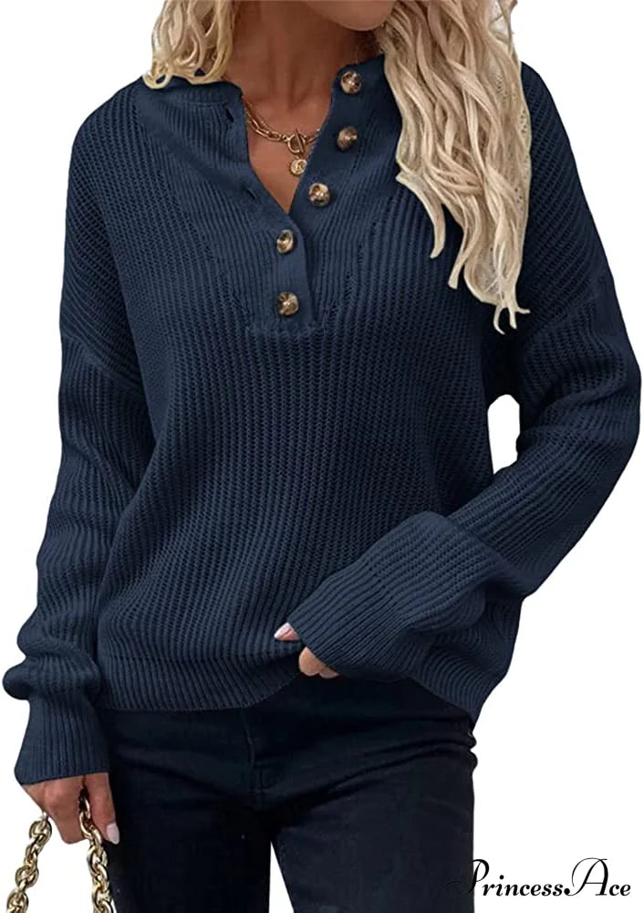 Women's  Loose Button V Neck Long Sleeve Sweater