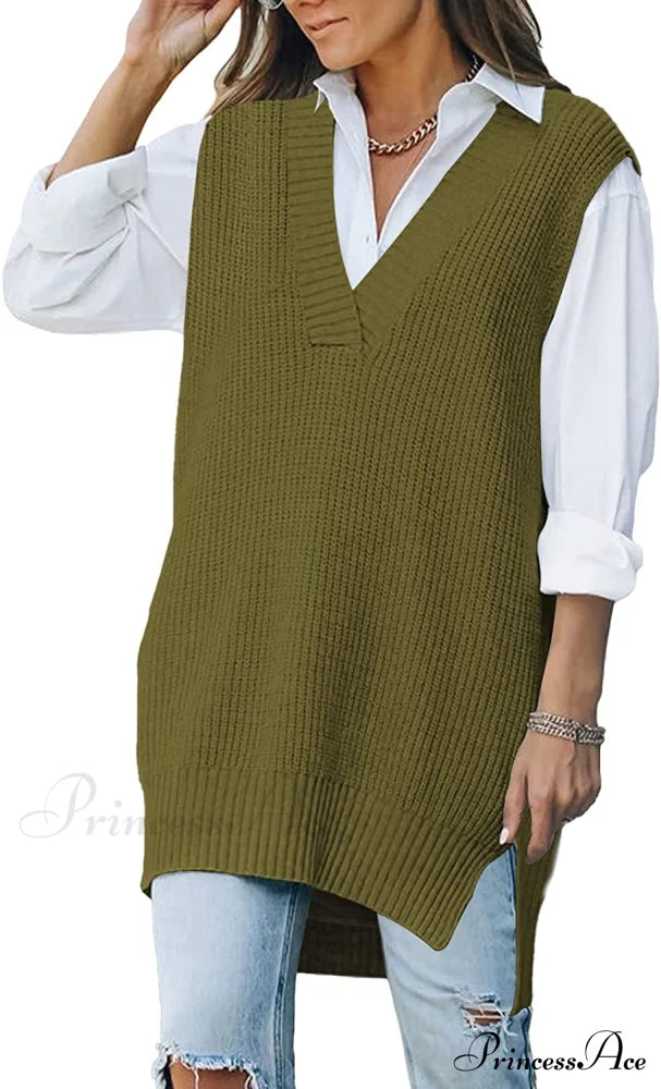 Women's Oversized V Neck Knit Sweater Vest Tunic Sleeveless Pullover Top