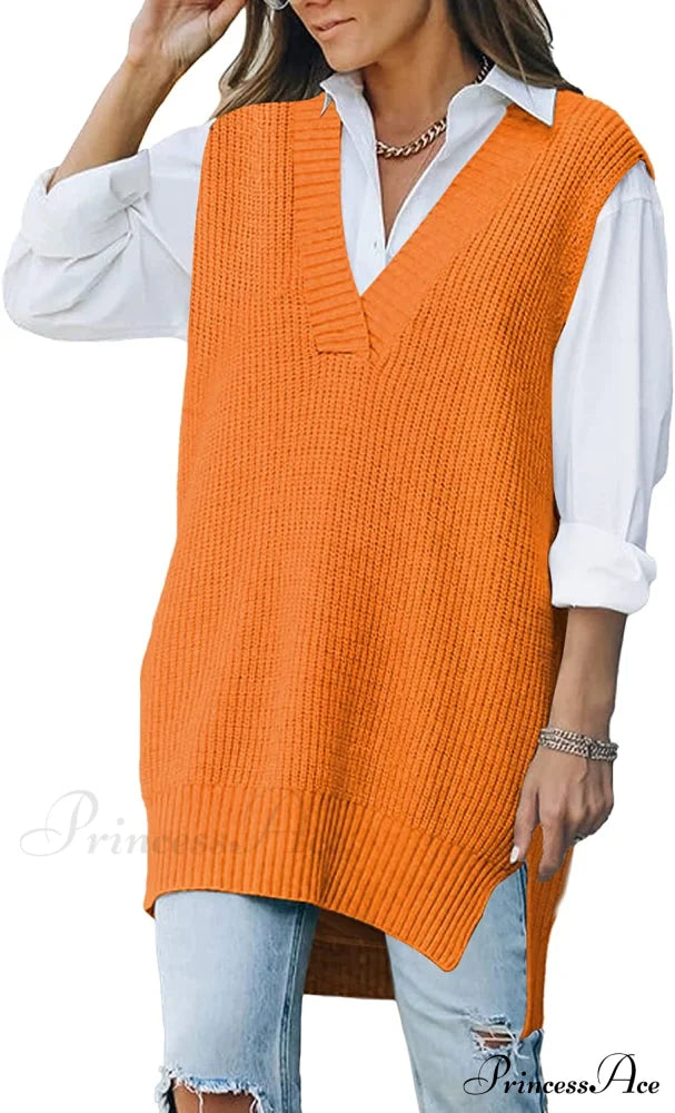 Women's Oversized V Neck Knit Sweater Vest Tunic Sleeveless Pullover Top