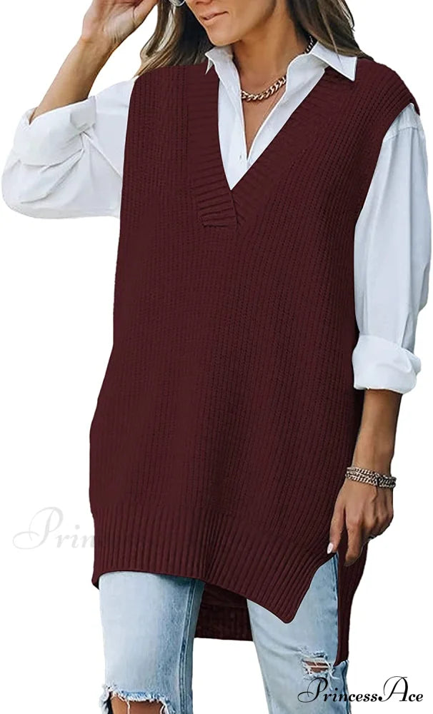Women's Oversized V Neck Knit Sweater Vest Tunic Sleeveless Pullover Top