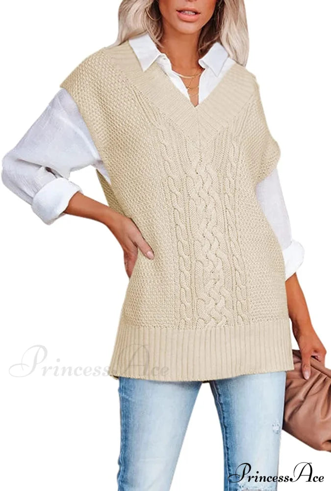 Women's Oversized V Neck Knit Sweater Vest Tunic Sleeveless Pullover Top