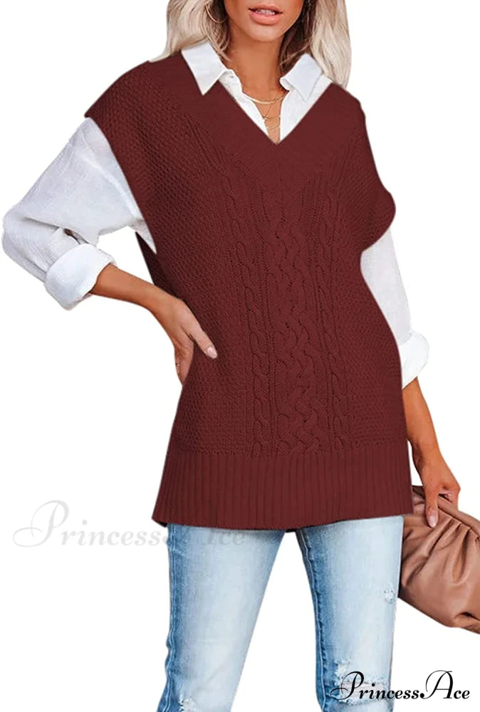 Women's Oversized V Neck Knit Sweater Vest Tunic Sleeveless Pullover Top