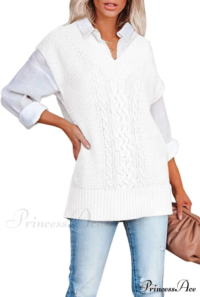 Women's Oversized V Neck Knit Sweater Vest Tunic Sleeveless Pullover Top