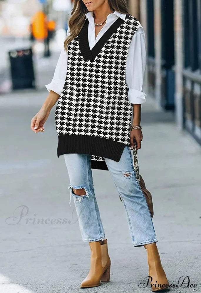 Women's Oversized V Neck Knit Sweater Vest Tunic Sleeveless Pullover Top