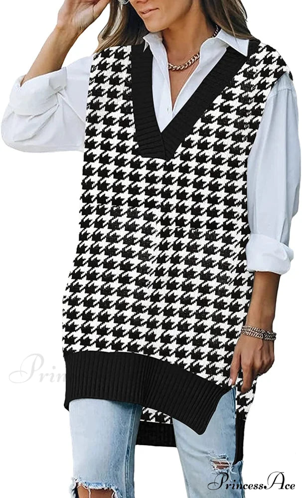 Women's Oversized V Neck Knit Sweater Vest Tunic Sleeveless Pullover Top