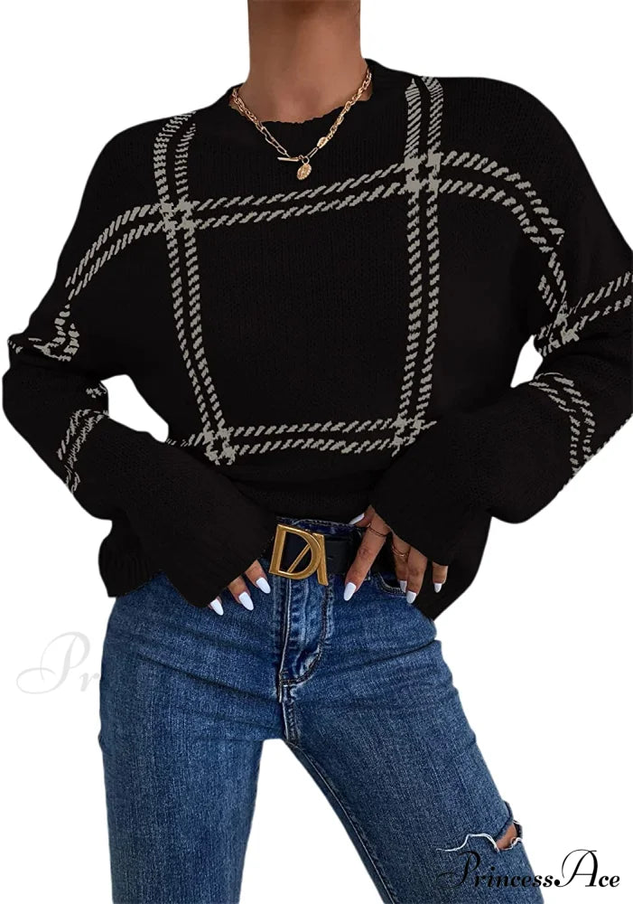 Women's Plaid Long Sleeve Crewneck Pullover Top Sweater