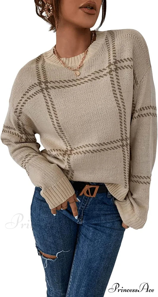 Women's Plaid Long Sleeve Crewneck Pullover Top Sweater