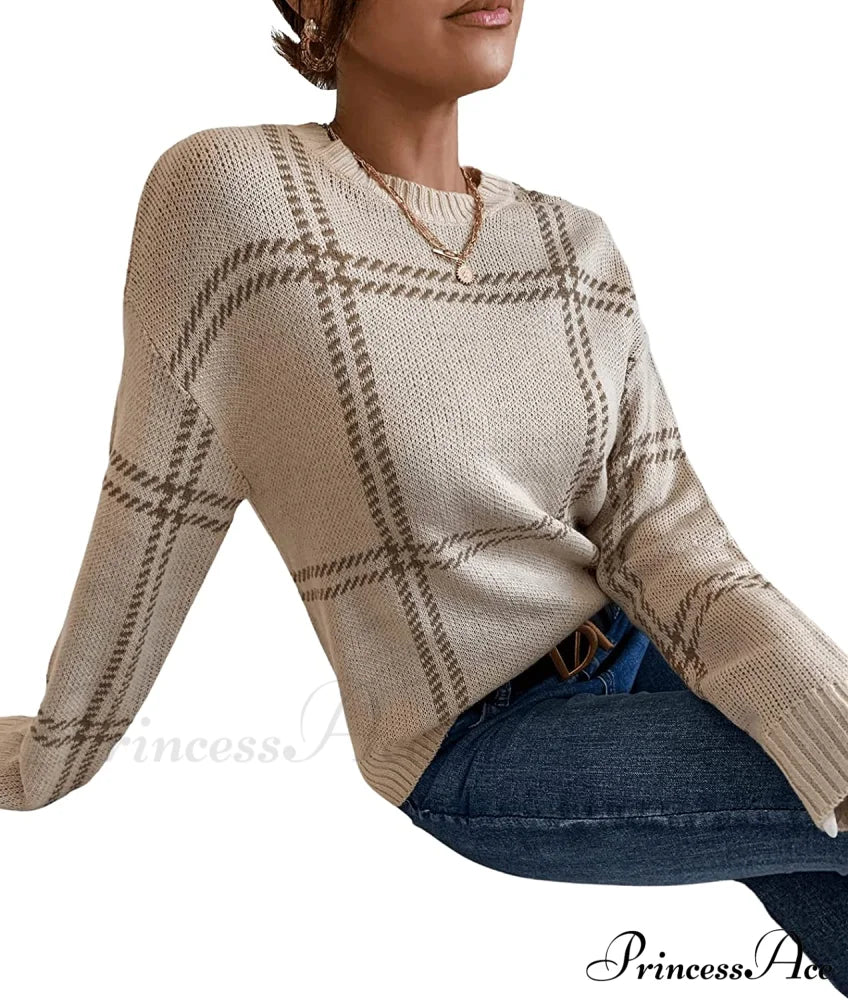 Women's Plaid Long Sleeve Crewneck Pullover Top Sweater