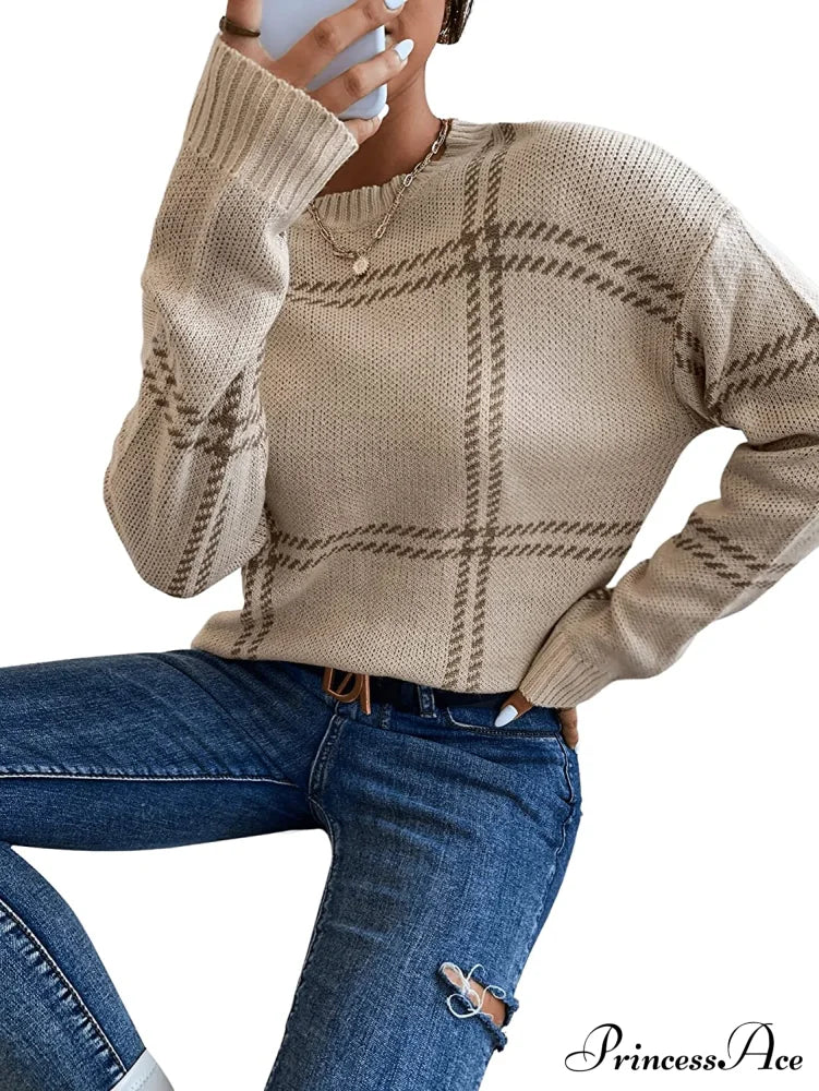 Women's Plaid Long Sleeve Crewneck Pullover Top Sweater